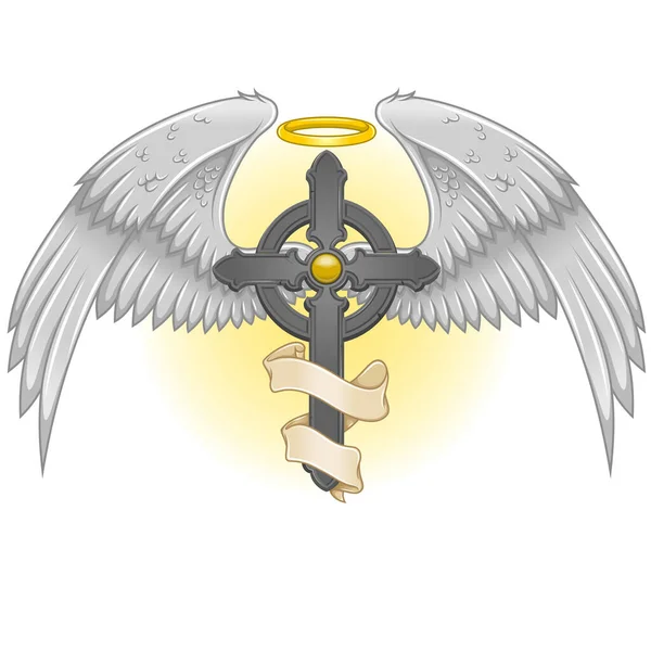 带彩带的带翅膀十字架 带翅膀的天堂十字架 天堂的基督教象征的矢量设计 — 图库矢量图片