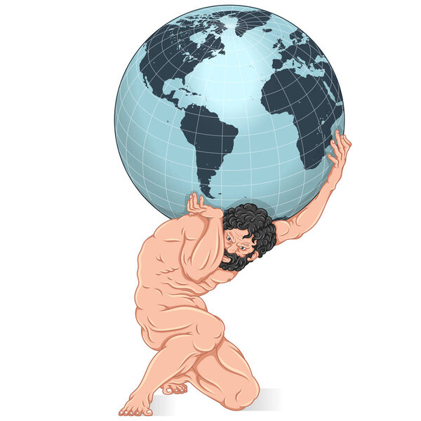 Vector design of the titan Atlas holding the planet earth on his shoulders, titan from Greek mythology holding the earth sphere.