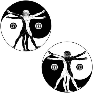 Yin yang sembollü Vitruvian erkek vektör tasarımı