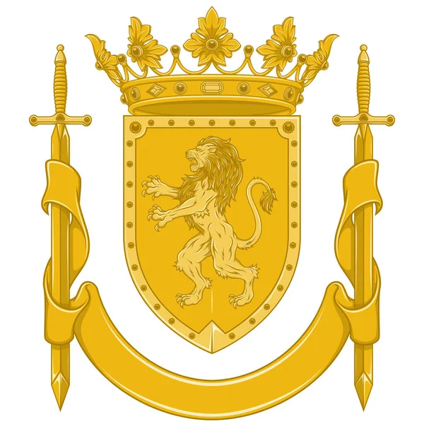 中世の紋章学の盾のベクトルデザイン 横行するライオン リボンと剣を持つヨーロッパの君主制の高貴な盾 — ストックベクタ