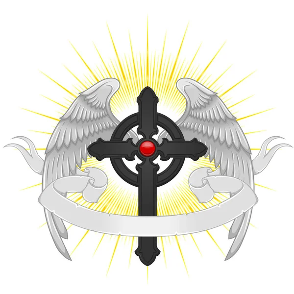 带彩带的带翅膀十字架 带翅膀的天堂十字架 天堂的基督教象征的矢量设计 — 图库矢量图片