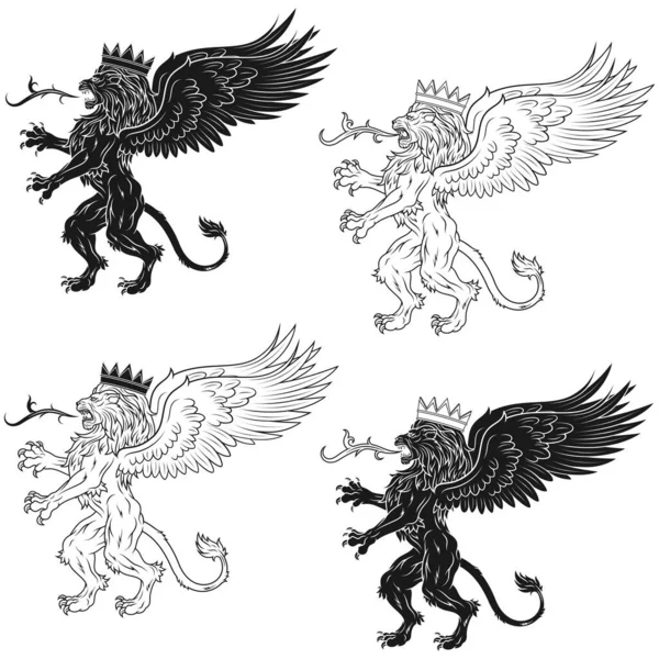 王冠と翼の広がるライオンのベクトルデザイン 翼のある紋章ライオン 翼のあるファンタジーの生き物 — ストックベクタ
