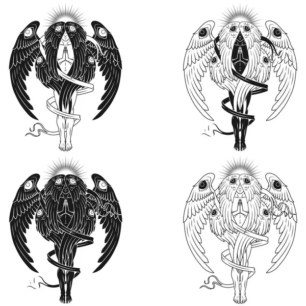 六つの翼をリボンで囲まれた礼拝堂 光背と羽を持つ天使 カトリックの天使 — ストックベクタ