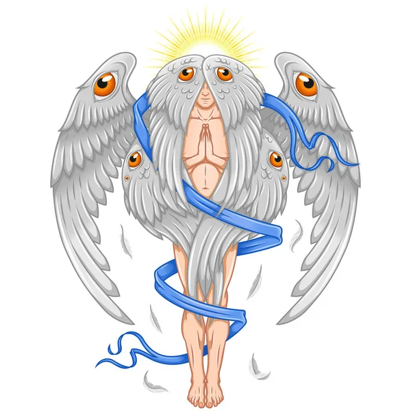 Vector Design Praying Angel Halo Seraph Six Wings Surrounded Ribbon — Stockvektor