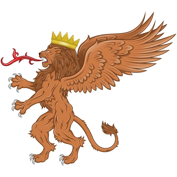 头戴皇冠的有翼狮子 有翅膀的纹章狮子 有翼幻想生物的矢量设计 — 图库矢量图片