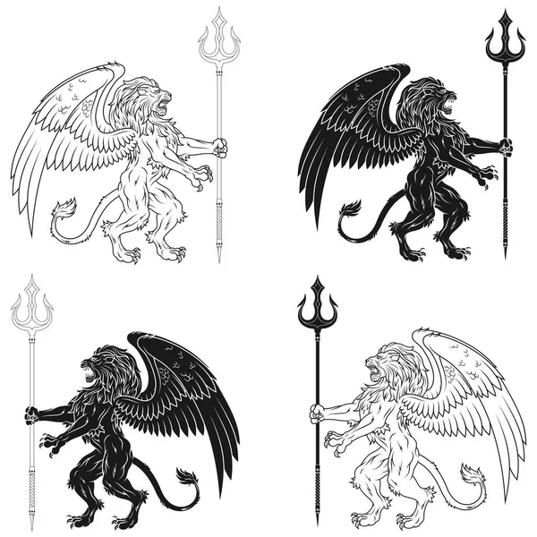翼を持つトライデント 翼を持つ紋章ライオン 翼のあるファンタジーの生き物と翼の広がるライオンのベクトルデザイン — ストックベクタ