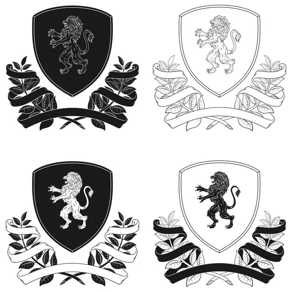 中世の紋章学の盾のベクトルデザイン 横行するライオン 月桂樹の花輪とリボンとヨーロッパの君主制の高貴な盾 — ストックベクタ