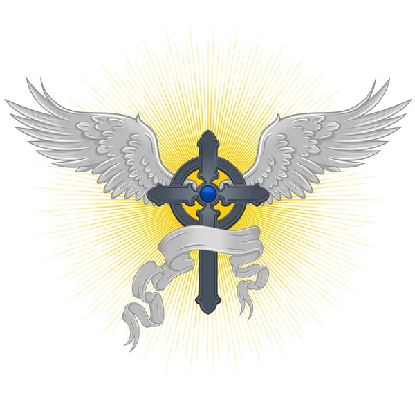 翼のリボンを持つ翼の十字のベクトルデザイン 翼を持つ天の十字 楽園のキリスト教のシンボル — ストックベクタ