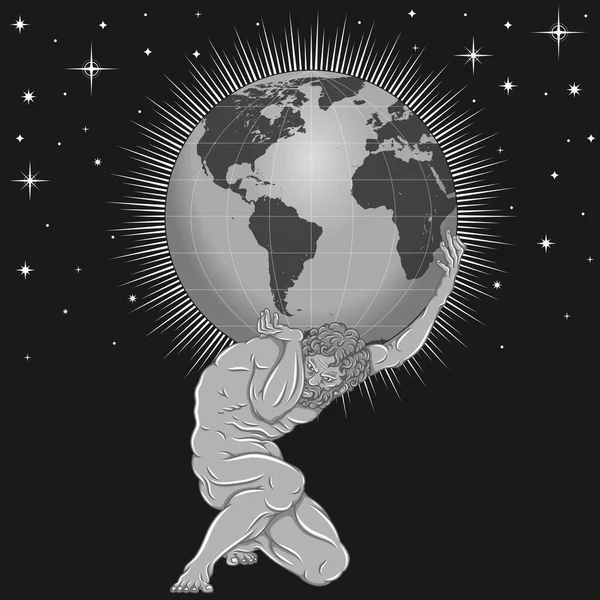惑星地球を肩に持つタイタンアトラスのベクトルデザイン 星の背景を持つギリシャ神話のタイタン — ストックベクタ