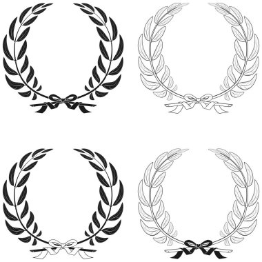 Kurdeleyle bağlanmış zeytin çelengi vektör tasarımı, şeritle bağlanmış defne dalı, çizgi ve siluet stilleri