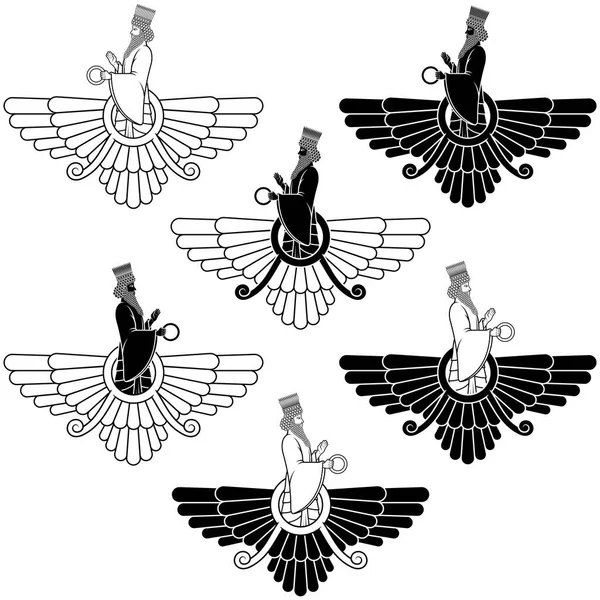 Vektordesign Des Faravahar Symbols Symbolseite Des Zoroastrismus Ahura Mazda Zeigt — Stockvektor