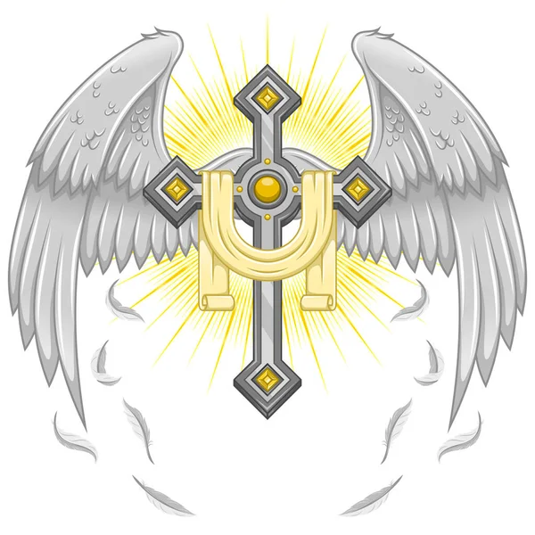 Векторный Дизайн Крылатого Креста Лентой Небесный Крест Крыльями Христианская Символика — стоковый вектор