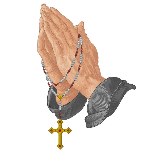 Conception Vectorielle Des Mains Priantes Avec Chapelet Chrétien Symbole Religion — Image vectorielle