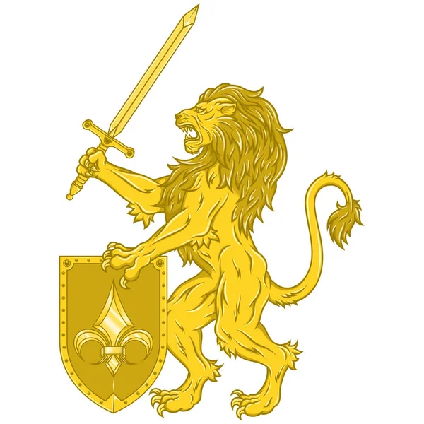 Vector Design Rampant Lion Sword Shield Heraldic Symbol European Middle — Stok Vektör