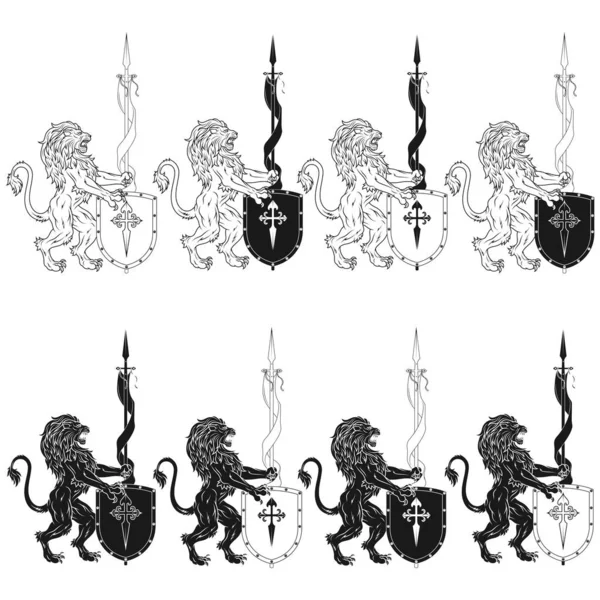 中世のペナントと盾を持つ横行ライオンのベクトルデザイン 槍と盾を持つ武装ライオン ヨーロッパの中世の紋章記号 — ストックベクタ