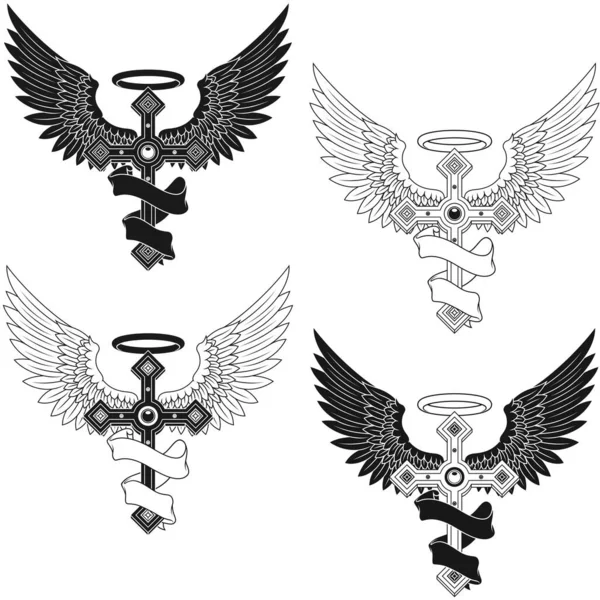 Vector Design Winged Cross Ribbon Heavenly Cross Wings Christian Symbology — ストックベクタ