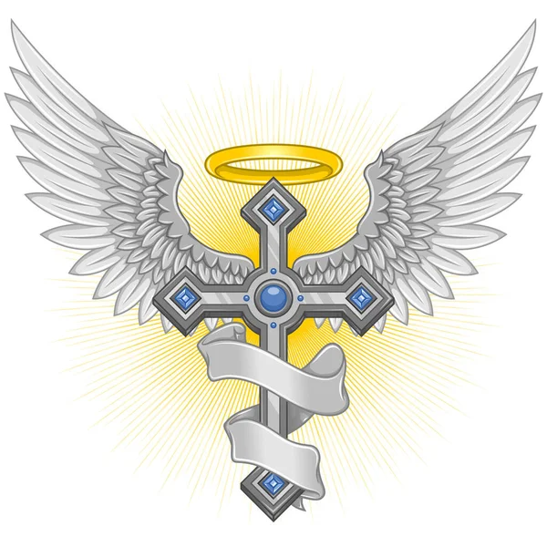 Векторный Дизайн Крылатого Креста Лентой Небесный Крест Крыльями Христианская Символика — стоковый вектор