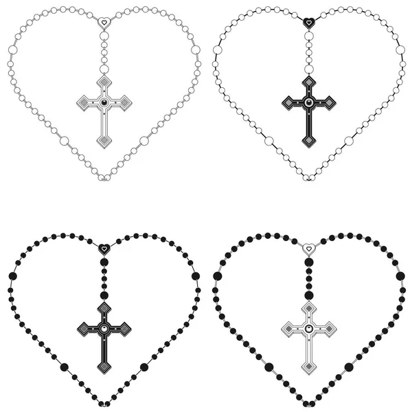 Векторный Дизайн Сердечной Формы Четки Четки Христианским Крестом Символ Католической — стоковый вектор