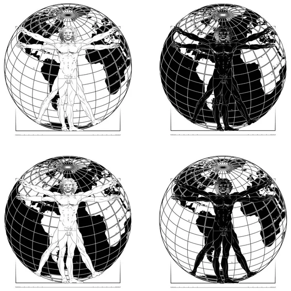 人間の体の理想的な部分の研究 レオナルド ヴィンチのヴィットゥーヴィアンマンのベクトルデザイン 背景に惑星地球 — ストックベクタ