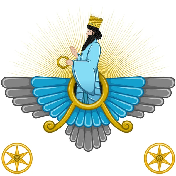Faravahar Szimbólum Vektoros Kialakítása Zoroasztrianizmus Szimbolikus Oldala Ahol Ahura Mazda — Stock Vector