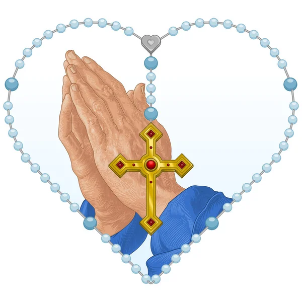 心形念珠的祈祷之手 基督教十字架的念珠 天主教标志的矢量设计 — 图库矢量图片