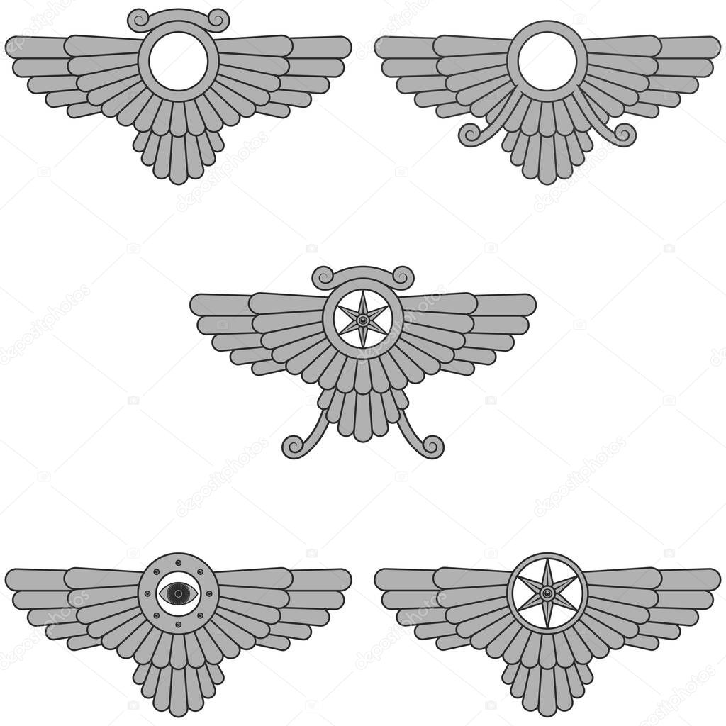 Vector design of Faravahar symbol, winged solar disk, Zoroastrian religion symbol