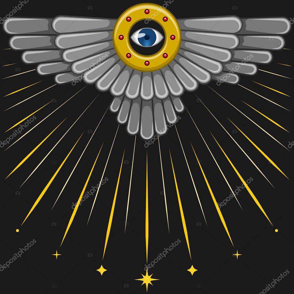 Vector design of Faravahar symbol, winged solar disk, Zoroastrian religion symbol