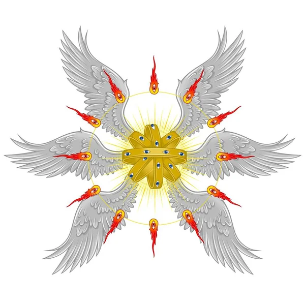 キリスト教神学の玉座型天使のベクトルデザイン 六つの翼を持つ聖書の天使 ハロと羽を持つカトリック天使 翼神の玉座 — ストックベクタ