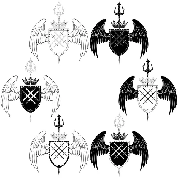 翼とトライデントを持つ腕のヨーロッパのコート 中世の紋章学の盾 — ストックベクタ