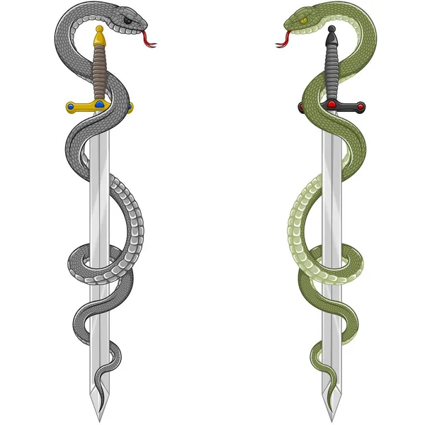 ヘビとヨーロッパの中世の剣のベクトルデザイン ヘビに囲まれた古代の剣 — ストックベクタ