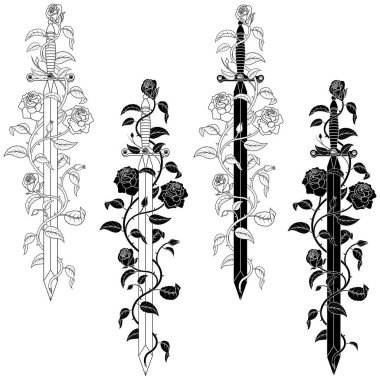 Vector design of European medieval sword with roses, Ancient sword surrounded by plants and flowers clipart