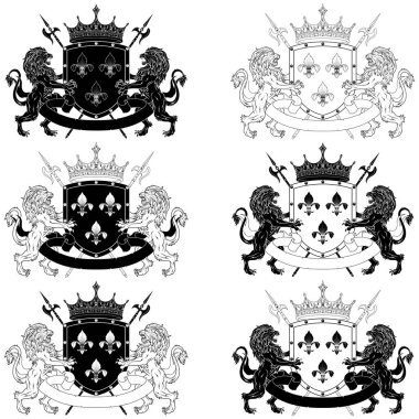 Üç gümüş fleur-de-lys ile taçlandırılmış heraldik kalkan, iki azgın aslan ve halberds tarafından çevrelenmiş