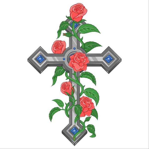 장미로 둘러싸인 기독교 십자가의 디자인 가톨릭 종교의 다이아몬드와 꽃잎으로 기독교 — 스톡 벡터