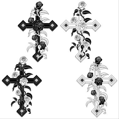 Hristiyan haçının vektör tasarımı. Etrafı güllerle çevrili. Katolik dininin sembolü.