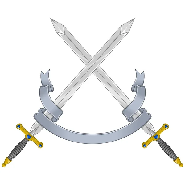 European Medieval Sword Vector Design Medieval Swords Encircled Heraldic Ribbon — Stock Vector