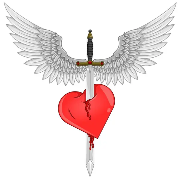带翅膀的欧洲中世纪剑的矢量设计 带翅膀的剑刺穿心脏作为爱情的象征 — 图库矢量图片