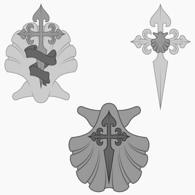 Havari Santiago 'nun Hıristiyan sembolünün vektör tasarımı Santiago deniz tarağı, kılıç ve kurdele ile çapraz kesişiyor.