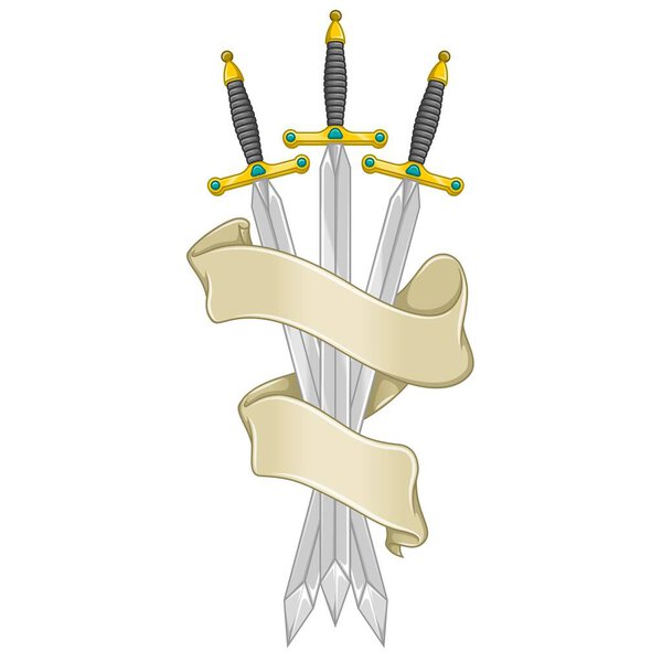 European medieval sword vector design, Medieval swords encircled with heraldic ribbon