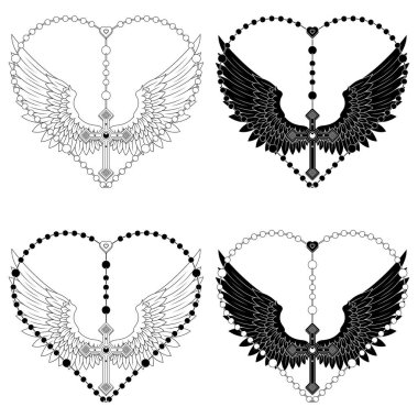 Kanatlı haçın kalp şeklinde tespih, kanatlı kalp şeklinde tespih, Katolik dininin sembolü.