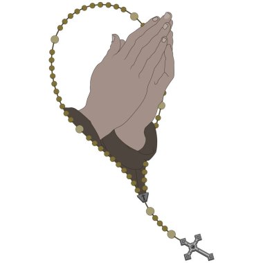 Hıristiyan tespihiyle dua eden ellerin vektör tasarımı, Katolik dininin sembolü.