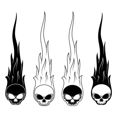 Çizgi film tarzında kafatası vektör tasarımı ateşe gömüldü