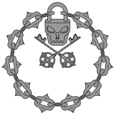 Vektör tasarımı kafatası şekilli asma kilit anahtarlar ve kesme zincirleri, zincir ve kafatası şekilli zindanlar için asma kilit