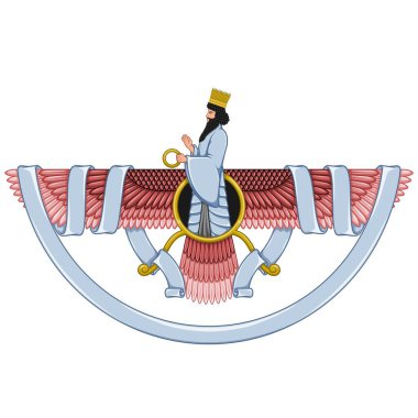 Vector design of Faravahar symbol, symbol of Zoroastrian religion, prophet Zoroastrianism on winged disk surrounded with ribbon clipart