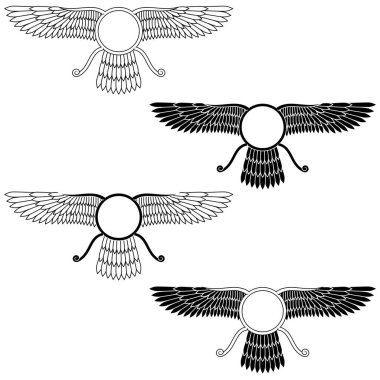 Faravahar sembolünün vektör tasarımı, Zoroastrian dininin sembolü, kanatlı güneş diski