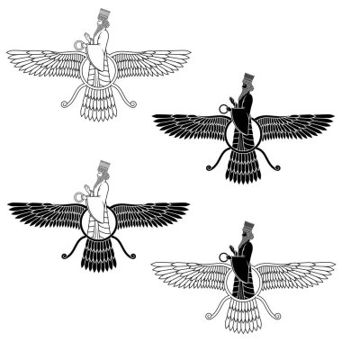 Faravahar sembolünün vektör tasarımı, Zoroastrian din sembolü, kanatlı güneş diskinde Zoroastrian peygamberlik.