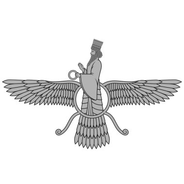 Faravahar sembolünün vektör tasarımı, Zoroastrian din sembolü, kanatlı güneş diskinde Zoroastrian peygamberlik.