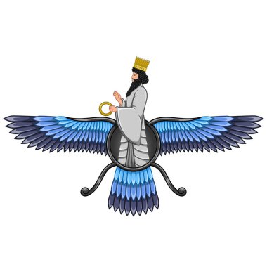 Faravahar sembolünün vektör tasarımı, Zoroastrian din sembolü, kanatlı güneş diskinde Zoroastrian peygamberlik.