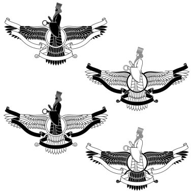 Faravahar sembolünün vektör tasarımı, Zoroastrian dininin sembolü, kanatlı disk üzerindeki kahin Zoroastrianizm, şeritle çevrili.