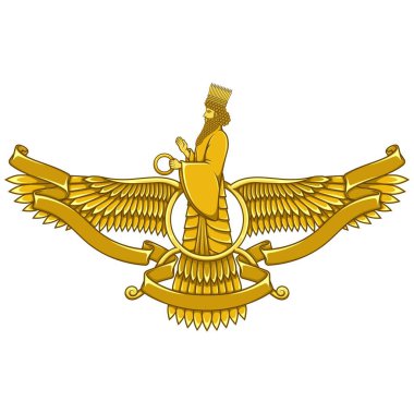 Faravahar sembolünün vektör tasarımı, Zoroastrian dininin sembolü, kanatlı disk üzerindeki kahin Zoroastrianizm, şeritle çevrili.