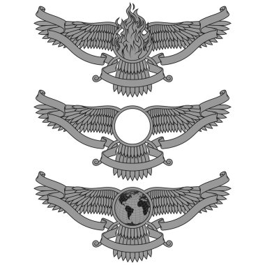 Faravahar sembolünün vektör tasarımı, Zoroastrian dininin sembolü, kurdeleyle çevrili kanatlı güneş diski.